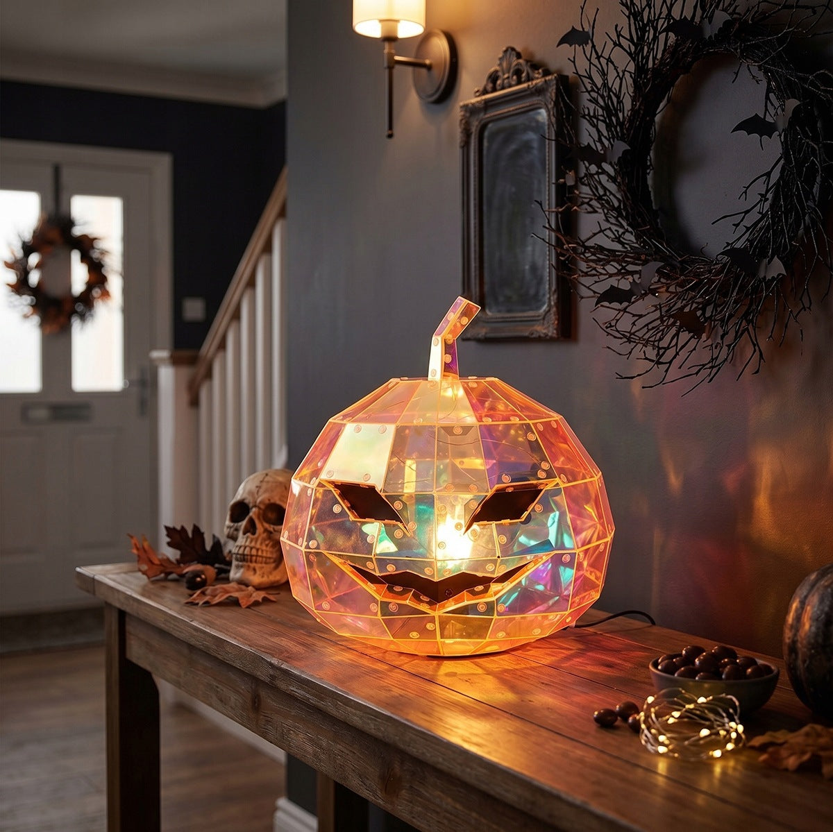 Mroczna, halloweenowa aranżacja w przedpokoju. Na drewnianej konsoli stoi świecąca, geometryczna dynia wykonana z holograficznego, mieniącego się materiału, z wyciętym upiornym uśmiechem. Obok niej leży czaszka, jesienne liście i miseczka z cukierkami, a także drobne lampki ledowe. W tle widać schody oraz wiszący na ścianie mroczny wianek z suchych gałązek i nietoperzy.