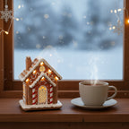 Nastrojowa, zimowa kompozycja na drewnianym parapecie. Podświetlany domek z piernika z lukrowanymi detalami stoi obok białej filiżanki z gorącym, parującym napojem. Za oknem rozpościera się zimowy, zaśnieżony krajobraz w chłodnych odcieniach błękitu, a szybę zdobią subtelne śnieżynki i ciepłe lampki choinkowe.