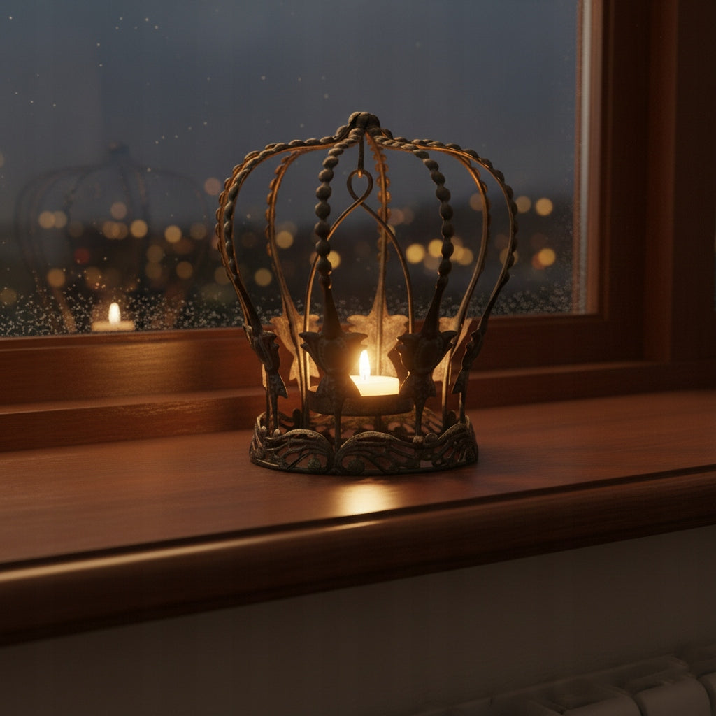 Klimatyczny, wieczorny kadr. Zapalony świecznik w kształcie ciemnej, metalowej korony stoi na drewnianym parapecie okna. Płomień świecy typu tealight delikatnie oświetla drewno. Za oknem panuje zmrok, a na szybie widać krople deszczu. W tle majaczą rozmyte, złote światła miasta, tworzące piękny, nastrojowy efekt bokeh.