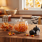 Radosna aranżacja kuchenna w klimacie Halloween. Na drewnianym blacie roboczym stoi szklany pojemnik w kształcie dyni wypełniony tradycyjnymi, trójkolorowymi cukierkami "candy corn". Kompozycję uzupełnia jesienna gałązka z liśćmi i pomarańczowymi owocami dzikiej róży, a z prawej strony stoją dwie małe, czarne dynie dekoracyjne i urocza figurka białego duszka. W tle widoczny jest kuchenny ręcznik z motywem nietoperzy.