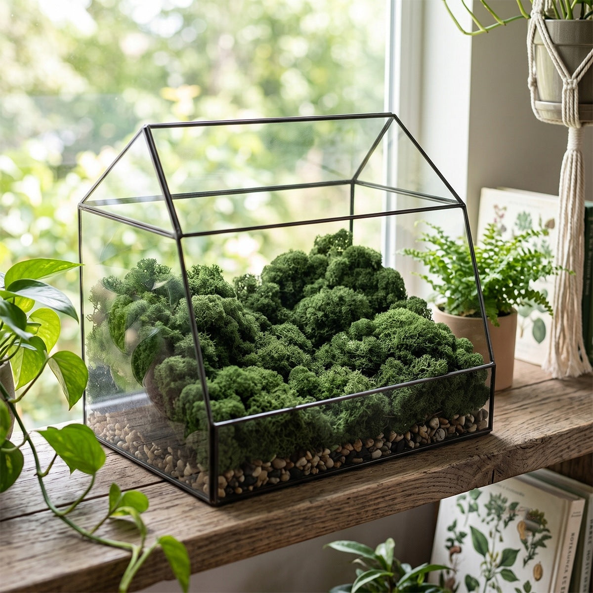 Szklane terrarium (florarium) w kształcie domku z czarną, metalową ramą, ustawione na rustykalnej, drewnianej półce lub parapecie na tle jasnego okna. Wewnątrz szklarenki ułożono gęstą kompozycję z ciemnozielonego mchu chrobotka, przypominającą miniaturowy las, usypaną na warstwie drobnych, jasnych kamyków. Wokół terrarium rosną inne rośliny doniczkowe, m.in. paproć i pnące epipremnum.