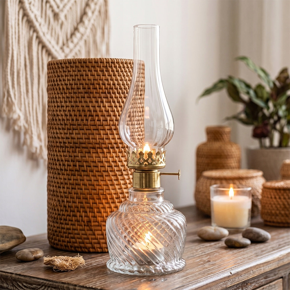 Przytulne wnętrze w stylu boho. Na drewnianej komodzie stoi zapalony szklany świecznik w kształcie lampy naftowej z prążkowanego szkła. Wokół niego zaaranżowano naturalne dekoracje: plecione, rattanowe pojemniki i wazony, gładkie kamienie rzeczne oraz prostą świecę w szkle. W tle na jasnej ścianie wisi beżowa makrama, a po prawej stronie widać fragment rośliny doniczkowej.