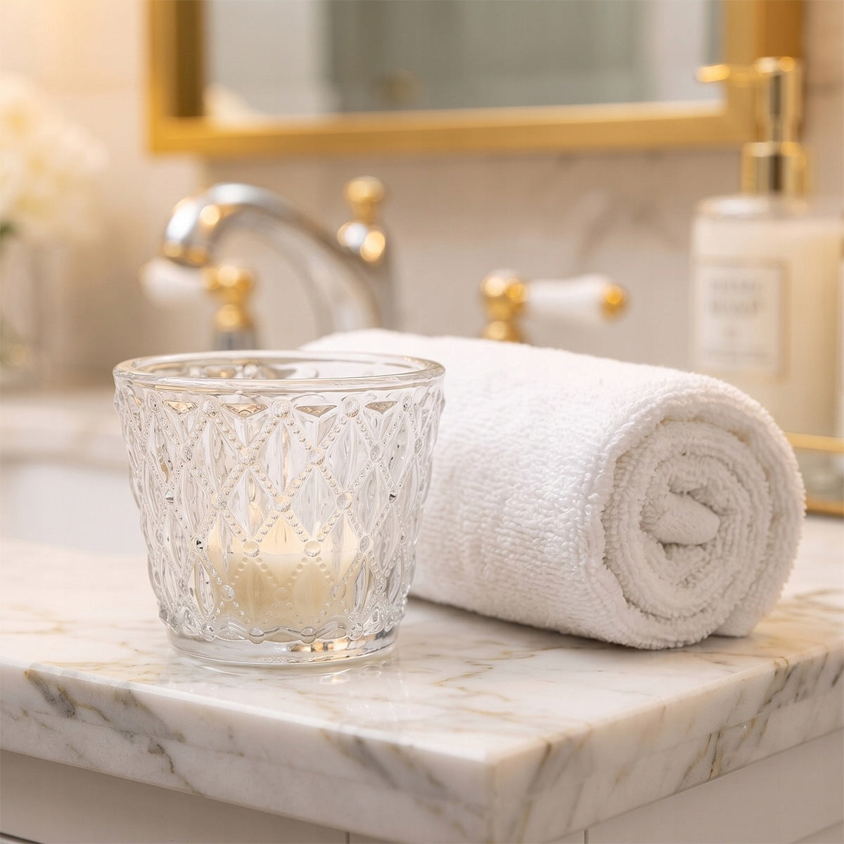 Jasna, elegancka łazienka zaaranżowana w stylu domowego spa. Na jasnym, marmurowym blacie umywalki stoi szklany świecznik z tłoczonym wzorem w romby. Wewnątrz znajduje się mała, niezapalona świeczka w jasnym kolorze. Tuż obok świecznika leży starannie zwinięty w rulon, gruby, biały ręcznik frotte. W rozmytym tle widać baterię umywalkową oraz dozownik na mydło z elementami w kolorze złota/mosiądzu.