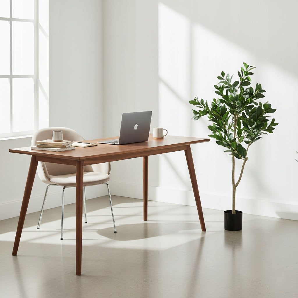 Minimalistyczny, bardzo jasny kącik do pracy (home office). W rogu pokoju, obok prostego, drewnianego biurka w stylu skandynawskim, stoi sztuczne drzewko figowe w czarnej donicy. Na biurku znajduje się szary laptop, książki, notes oraz ceramiczny kubek. Do biurka wsunięte jest jasne, tapicerowane krzesło na metalowych nogach. Światło z dużego okna rzuca wyraźne cienie na białe ściany.