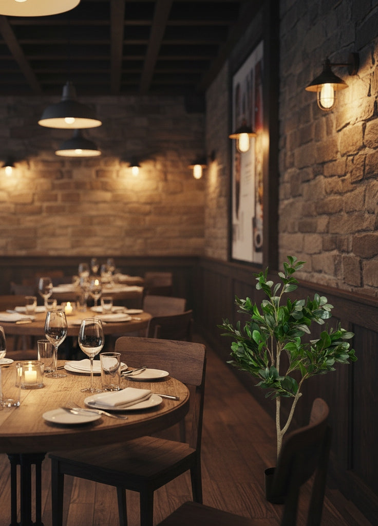 Nastrojowe wnętrze eleganckiej restauracji w stylu industrialnym/loftowym. Pomiędzy drewnianymi, okrągłymi stołami z przygotowanymi nakryciami i płonącymi świecami stoi sztuczne drzewko figowe z ciemnozielonymi liśćmi, ożywiając przestrzeń. Wnętrze charakteryzuje się ścianą z surowego, ciosanego kamienia lub cegły, na której zawieszono stylowe, metalowe kinkiety dające ciepłe, przytłumione światło.