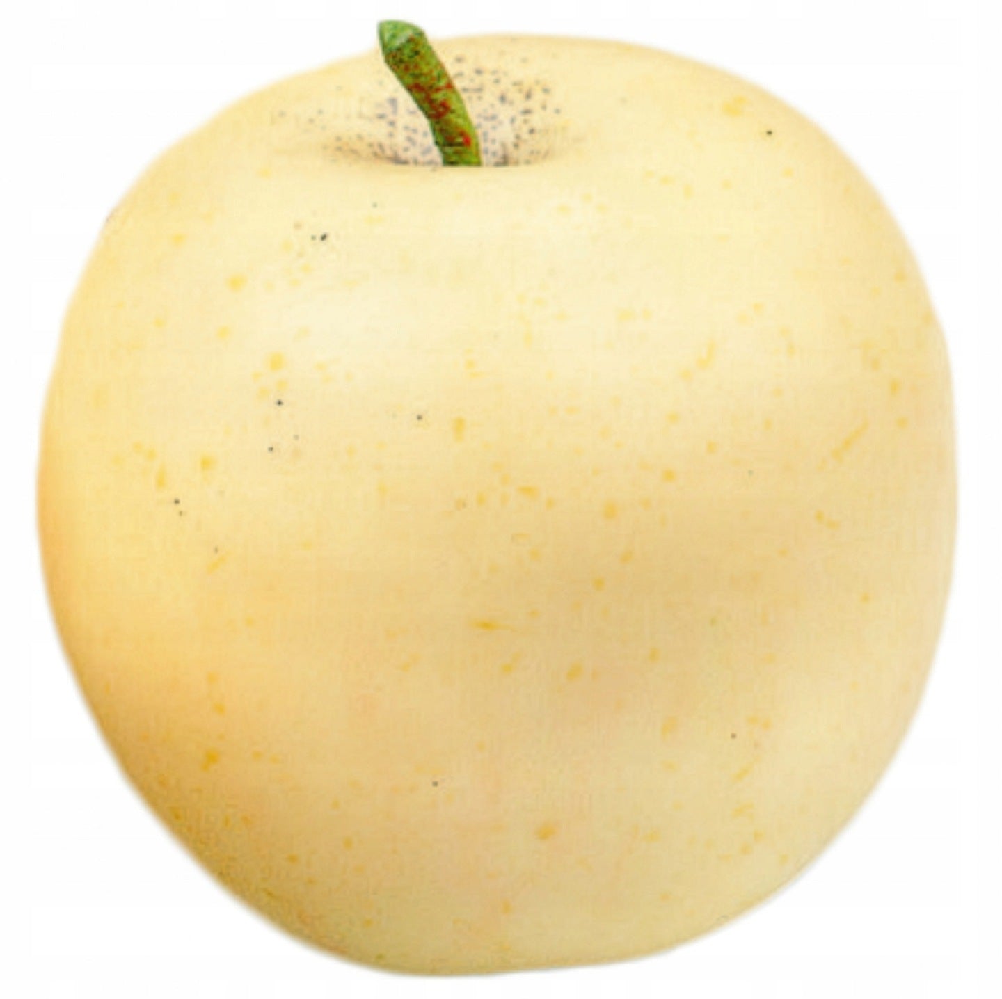Zdjęcie produktowe na całkowicie białym tle (packshot). Pojedyncze sztuczne jasne jabłko odmiany Golden Delicious. Owoce mają gładką, jasnożółtą skórkę z drobnymi, naturalnie wyglądającymi plamkami i przebarwieniami. Na górze widoczny jest krótki, zielono-brązowy, sztuczny ogonek.