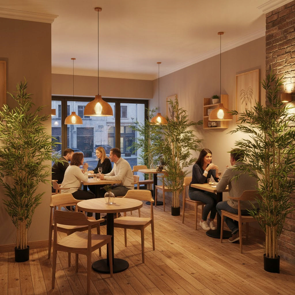 Nastrojowe wnętrze restauracji lub kawiarni z ceglanymi elementami i drewnianą podłogą. Przestrzeń między stolikami, przy których siedzą i rozmawiają goście, została oddzielona wysokimi, sztucznymi drzewkami bambusowymi w czarnych donicach, tworząc naturalne parawany. Nad drewnianymi stołami wiszą lampy z plecionymi kloszami dające ciepłe, żółte światło.