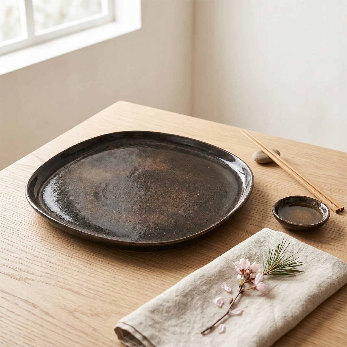 Ciemny, rustykalny talerz ceramiczny w zupełnie nowej, jasnej odsłonie w minimalistycznym stylu Japandi. Naczynie ustawiono na gładkim, dębowym stole w towarzystwie bambusowych pałeczek opartych na gładkim kamyku oraz małej miseczki na sos. Subtelności dodaje jasna, lniana serwetka z delikatną gałązką kwitnącej wiśni. Zestawienie ciemnego, lśniącego szkliwa z jasnym drewnem i miękkim światłem dziennym daje bardzo świeży, naturalny efekt.