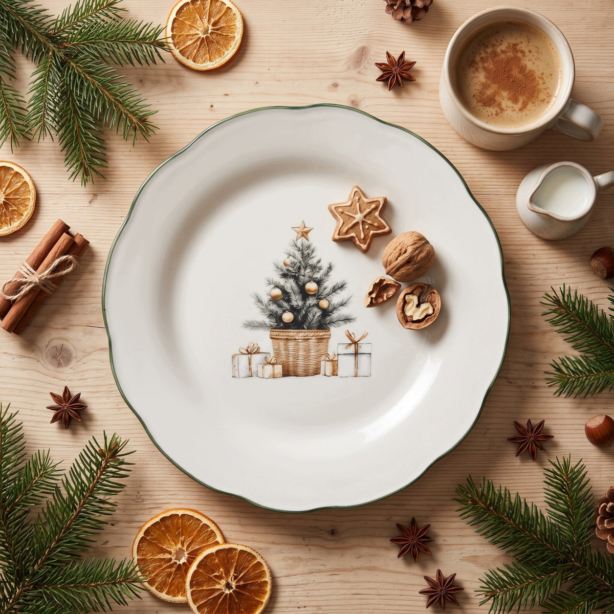 Zdjęcie z góry (flat lay) na drewnianym stole w świątecznym klimacie. W centrum znajduje się biały, ceramiczny talerz z falowanym brzegiem i zieloną obwódką, ozdobiony w środku ilustracją ubranej choinki w koszu z prezentami. Na talerzu leży pierniczek w kształcie gwiazdki oraz orzechy włoskie. Wokół zaaranżowano gałązki świerku, laski cynamonu, anyż gwiaździsty, plastry suszonej pomarańczy oraz kubek kawy z cynamonem i mały dzbanuszek na mleko.