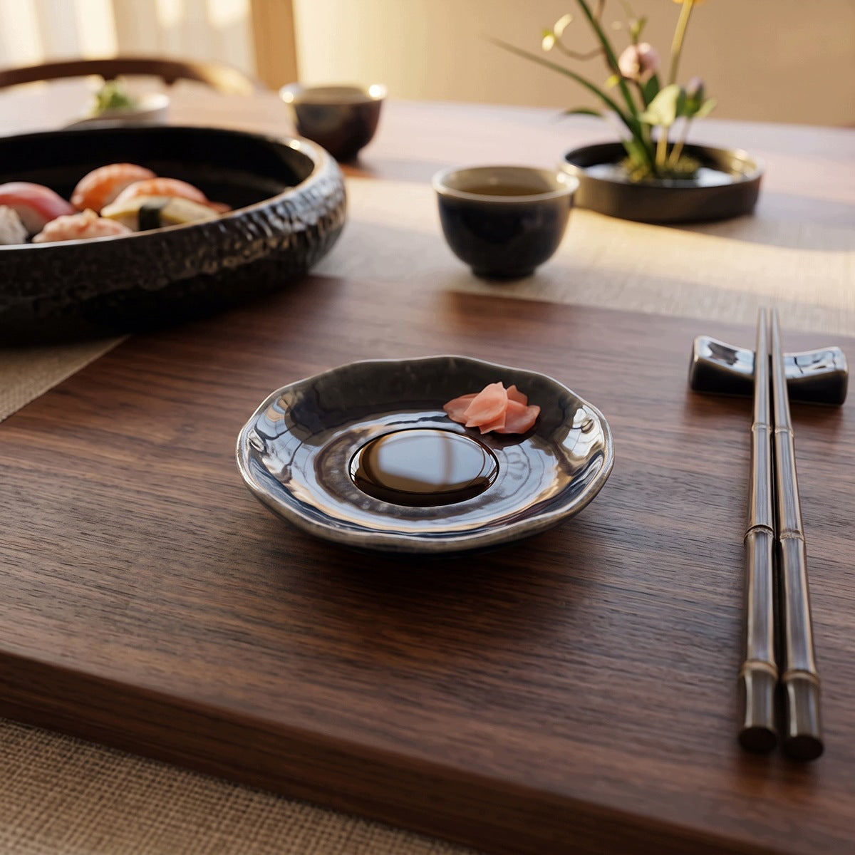 Eleganckie nakrycie stołu do sushi. Na ciemnej, drewnianej tacy lub podkładce stoi mała, błyszcząca miseczka ceramiczna wypełniona sosem sojowym z dodatkiem marynowanego imbiru. Obok ułożono bambusowe pałeczki na ceramicznej podstawce. W mocno rozmytym tle widać duży, okrągły talerz z przygotowanym sushi oraz czarki z napojem w ciepłym świetle.