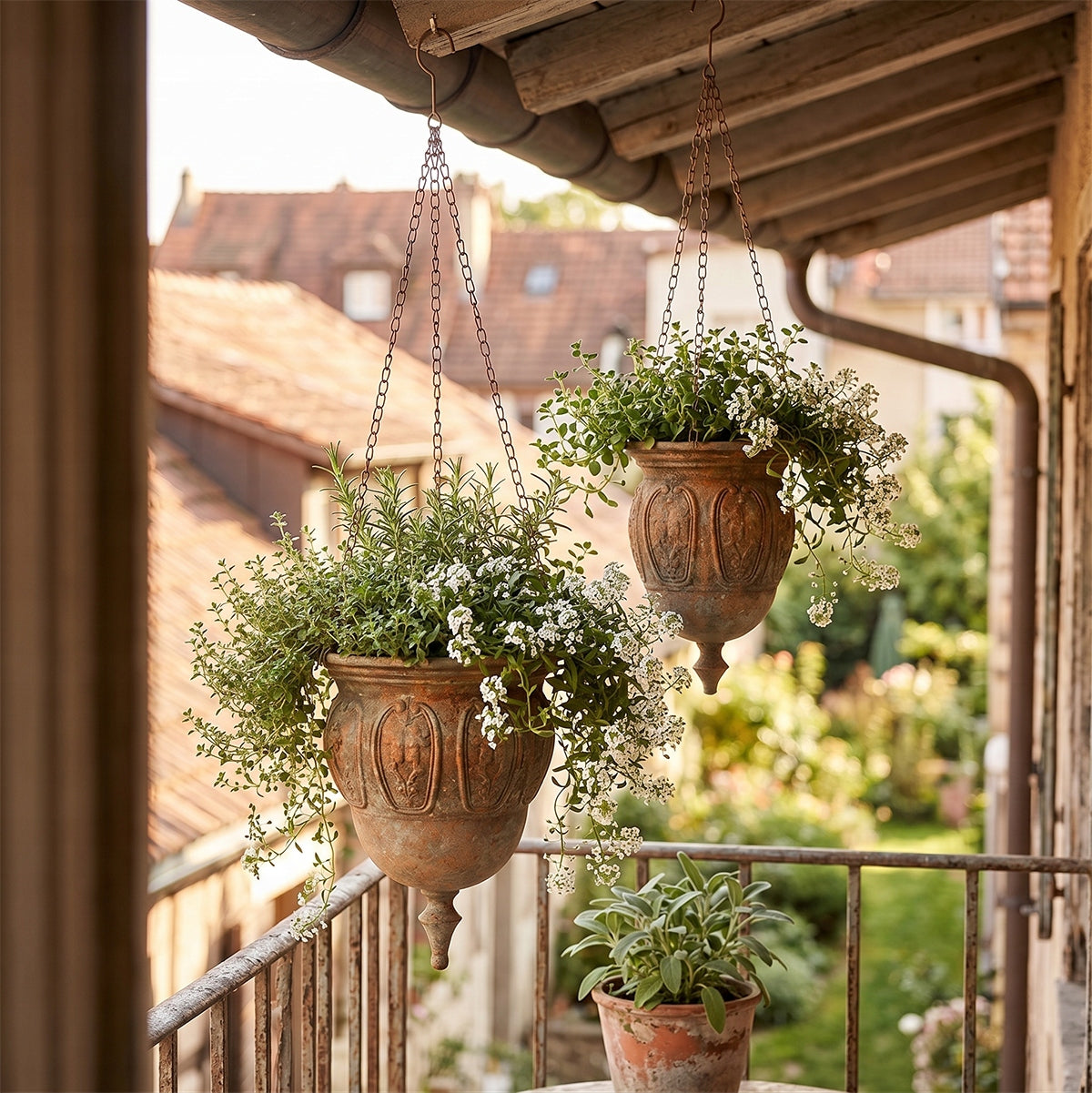 Romantyczny balkon w ciepłym świetle popołudniowego słońca. Pod drewnianym zadaszeniem wiszą na łańcuszkach dwie metalowe, stylizowane na zardzewiałe donice w kształcie amfor z tłoczonymi wzorami. Są gęsto obsadzone zielonymi roślinami i drobnymi, białymi kwiatuszkami, które malowniczo zwisają w dół. Na barierce poniżej widać doniczkę z szałwią. W tle widać rozmyty krajobraz miejski z dachami pokrytymi czerwoną dachówką.