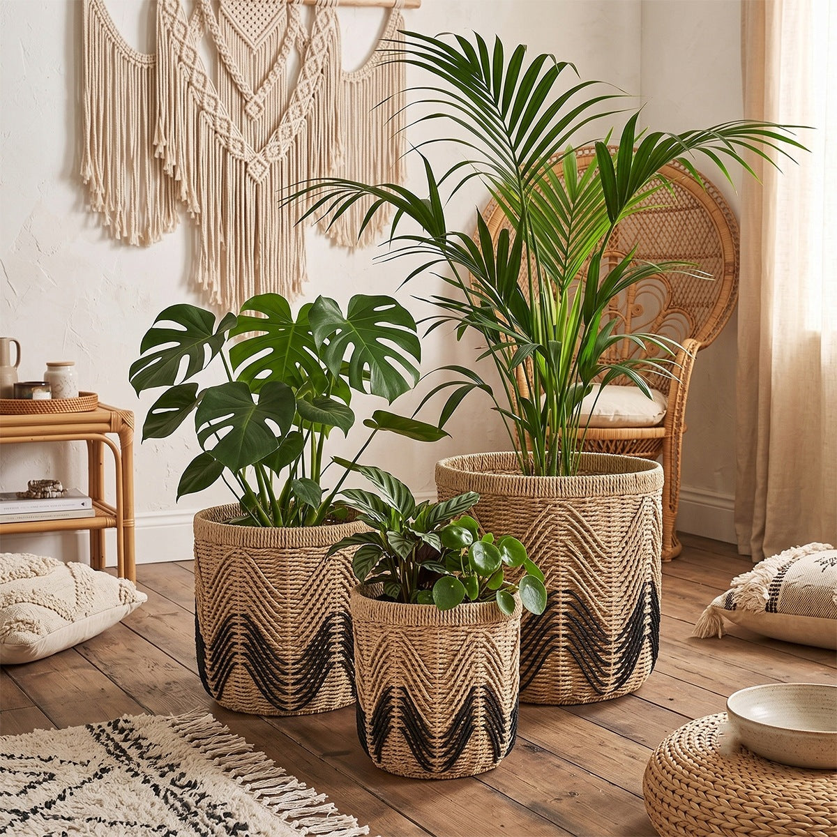 Przytulne wnętrze zaaranżowane w stylu boho. Na drewnianej podłodze ustawiono trzy ozdobne, plecione kosze z czarnym, zygzakowatym wzorem u dołu. Wewnątrz znajdują się bujne rośliny doniczkowe: duża monstera dziurawa, rozłożysta palma oraz mniejsza roślina o ciemnych liściach. W tle, na jasnej ścianie wisi okazała makrama, a obok stoi rattanowy fotel typu "peacock" i bambusowy regał.