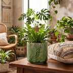 Roślinna aranżacja salonu w stylu urban jungle z elementami boho. Na drewnianym, rustykalnym stoliku kawowym stoi zielona, ceramiczna doniczka z wytłaczanym motywem liści, w której posadzono paproć o pofalowanych liściach (zanokcicę). Obok leży teksturowana poduszka w etniczne, plecione wzory. W tle pokoju znajduje się rattanowy fotel oraz bogata kolekcja innych roślin doniczkowych, w tym duża monstera dziurawa i gęste epipremnum.